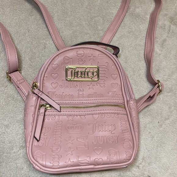 Juicy Couture Pastel Pink Mini Backpack Bag Purse Gold Logo Emblem Relief Print - Picture 3 of 12